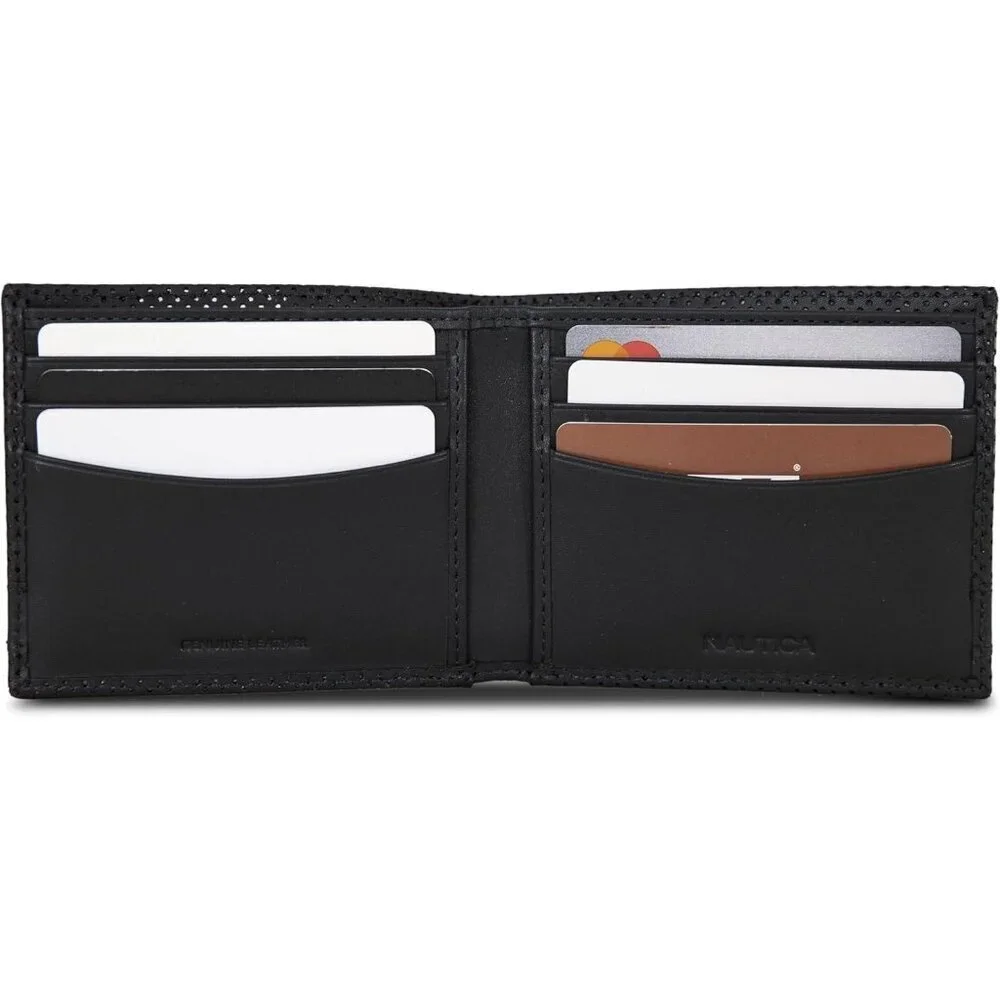 Men's Perforated-Black Bifold Leather Wallet RFID Blocking ID Window Card Slots